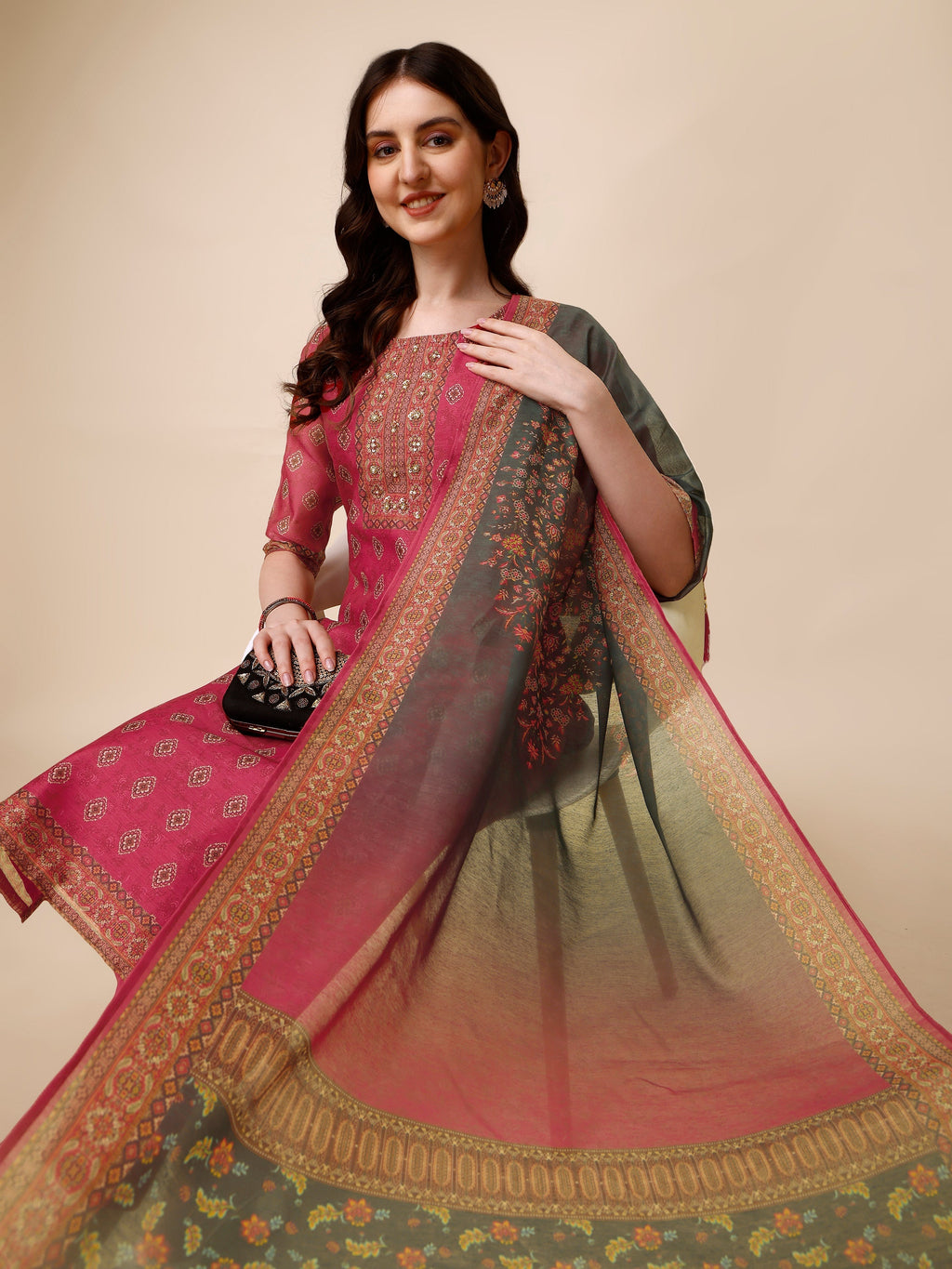 Printed & Embroidered Kurta With Pant & Dupatta Set, Multicolor - Hiral Fashion | Grocsy