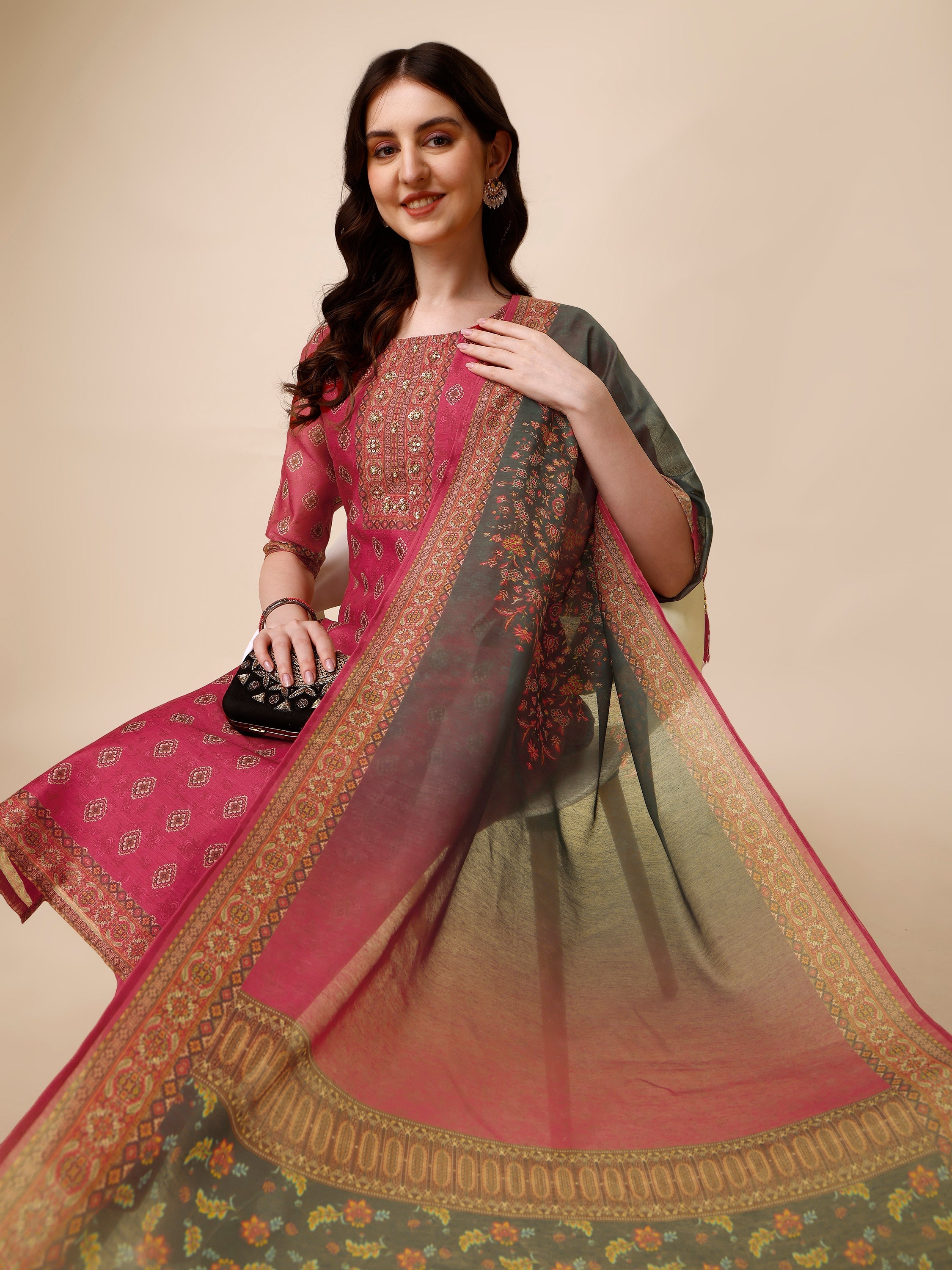 Printed & Embroidered Kurta With Pant & Dupatta Set, Multicolor - Hiral Fashion | Grocsy