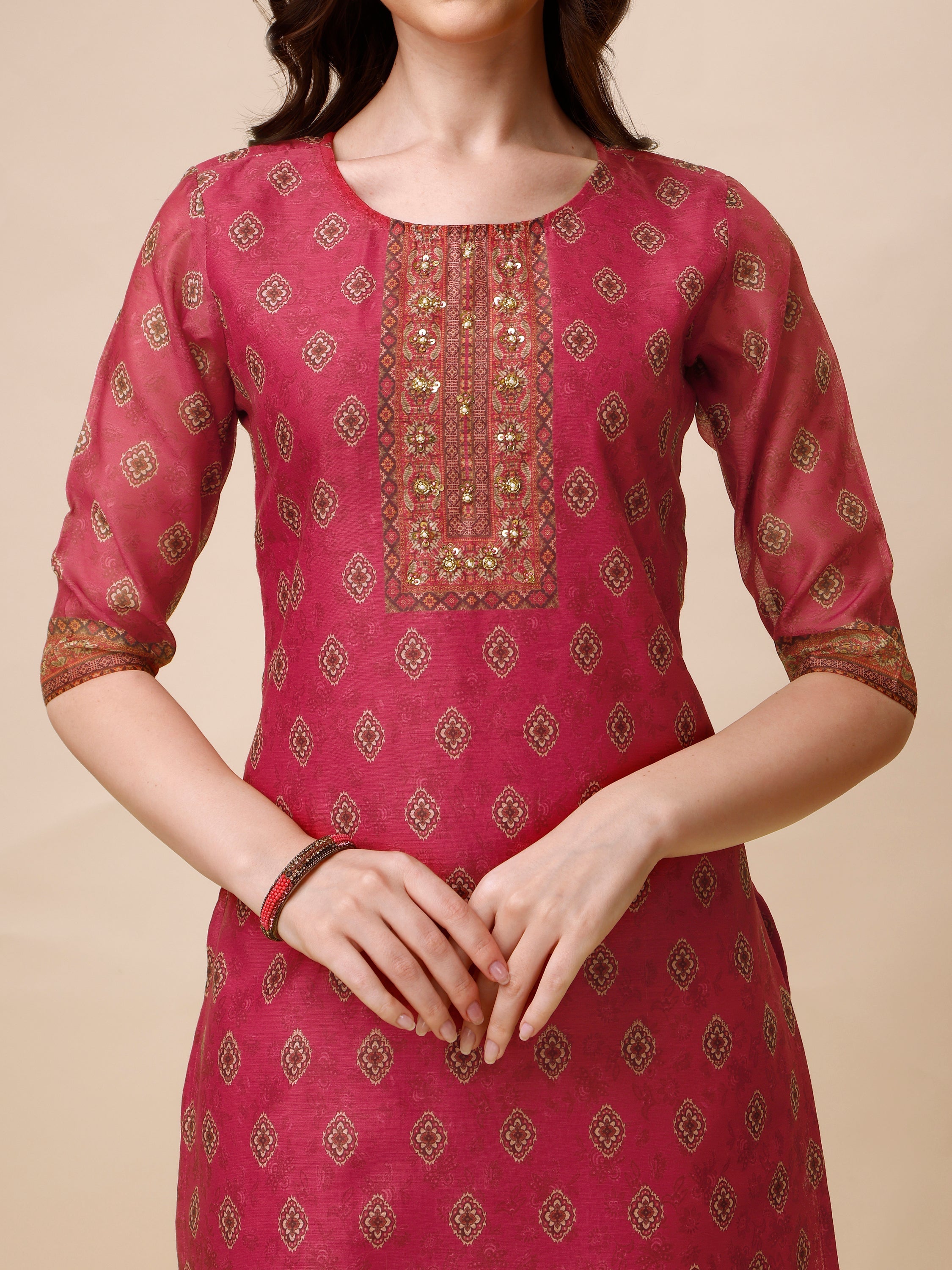 Printed & Embroidered Kurta With Pant & Dupatta Set, Multicolor - Hiral Fashion | Grocsy