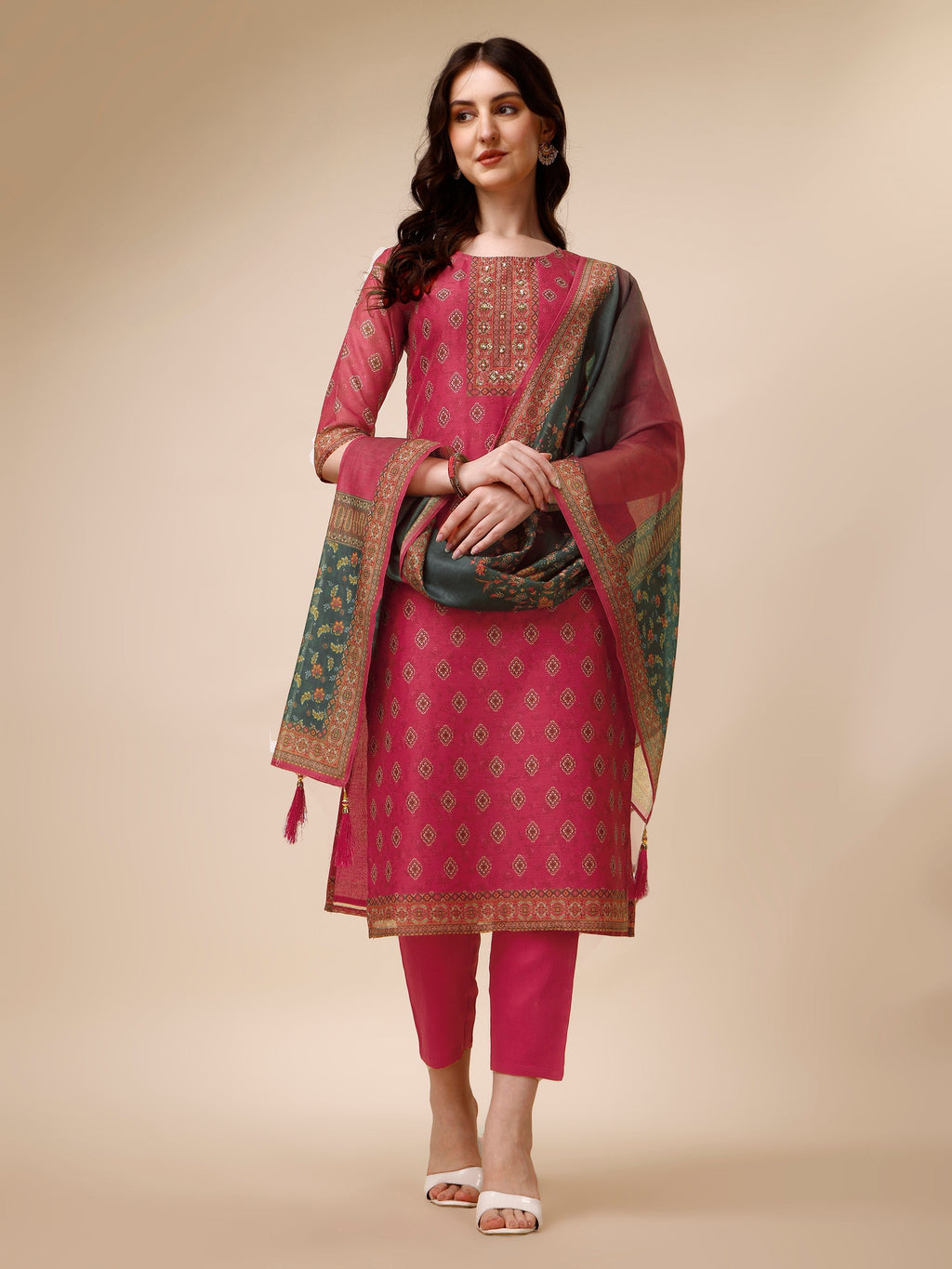 Printed & Embroidered Kurta With Pant & Dupatta Set, Multicolor - Hiral Fashion | Grocsy
