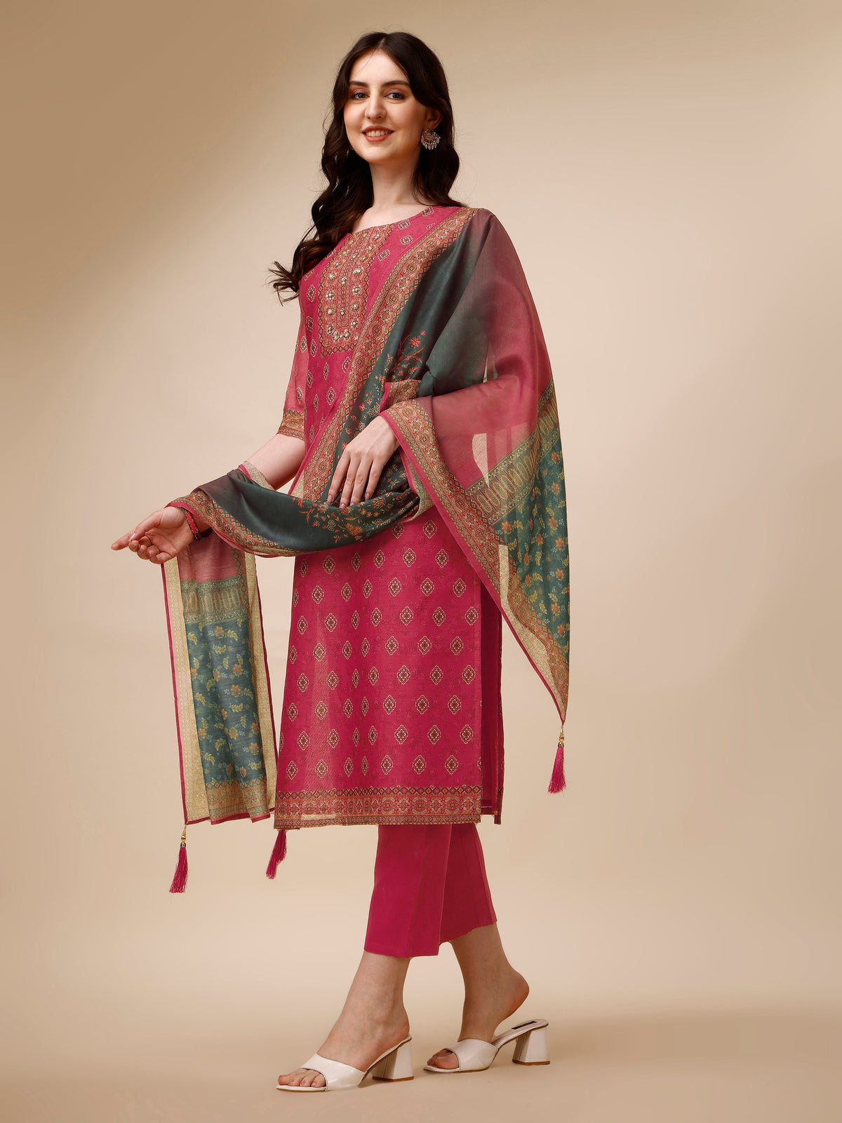 Printed & Embroidered Kurta With Pant & Dupatta Set, Multicolor - Hiral Fashion | Grocsy
