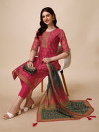 Printed & Embroidered Kurta With Pant & Dupatta Set, Multicolor - Hiral Fashion | Grocsy