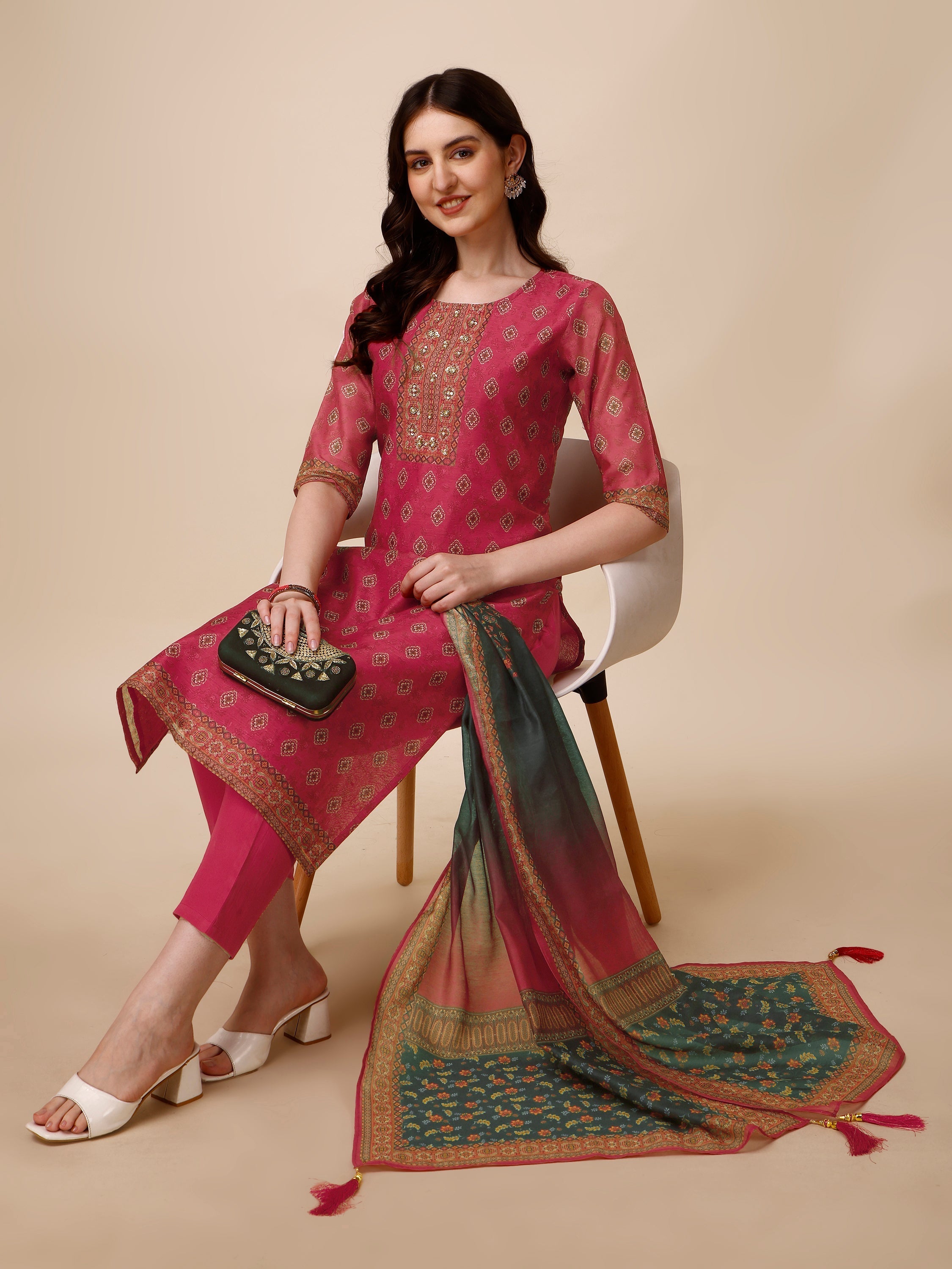 Printed & Embroidered Kurta With Pant & Dupatta Set, Multicolor - Hiral Fashion | Grocsy