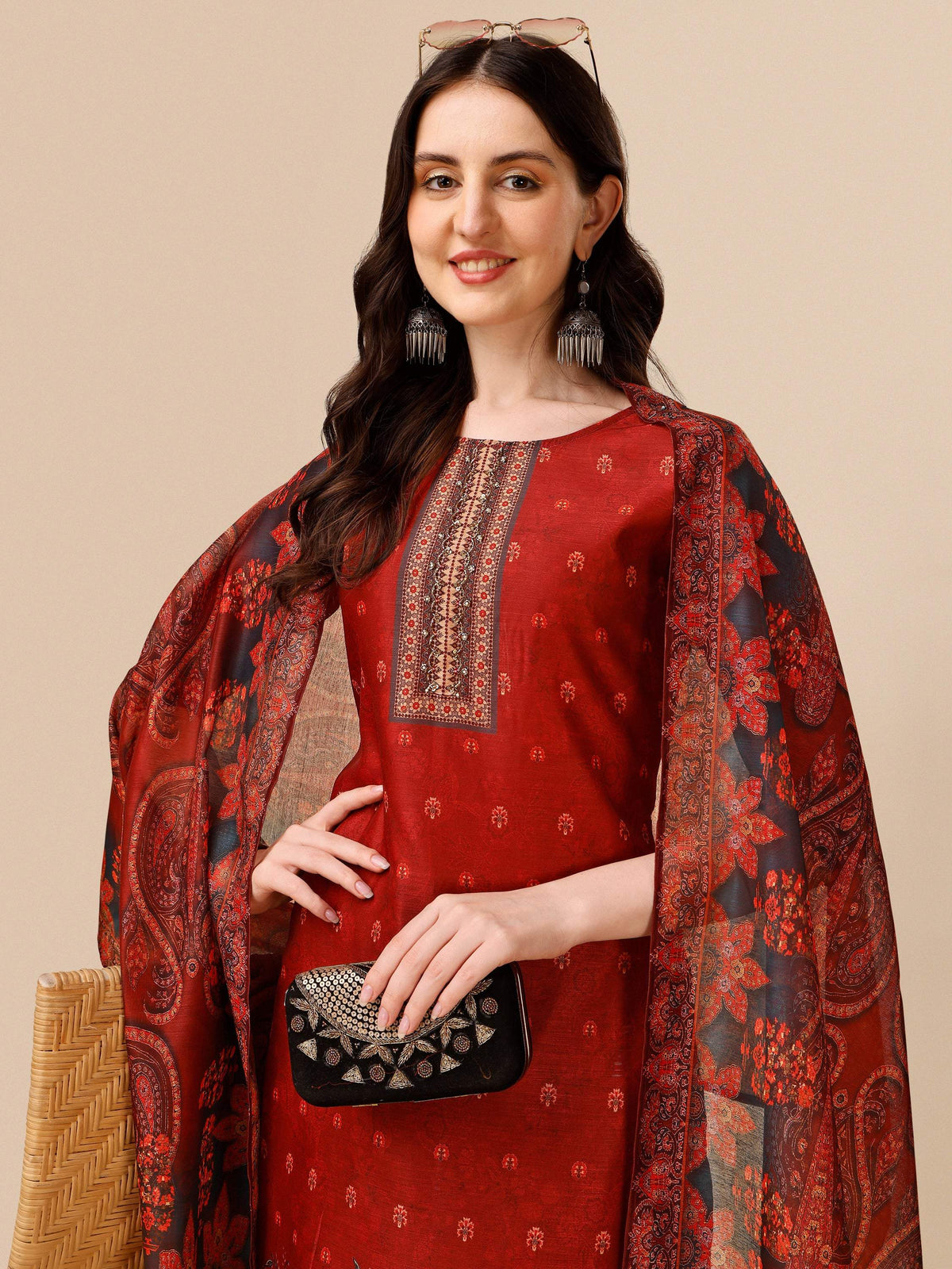 Printed And Embroidered Kurta With Pant And Dupatta Set, Multicolor - Hiral Fashion | Grocsy