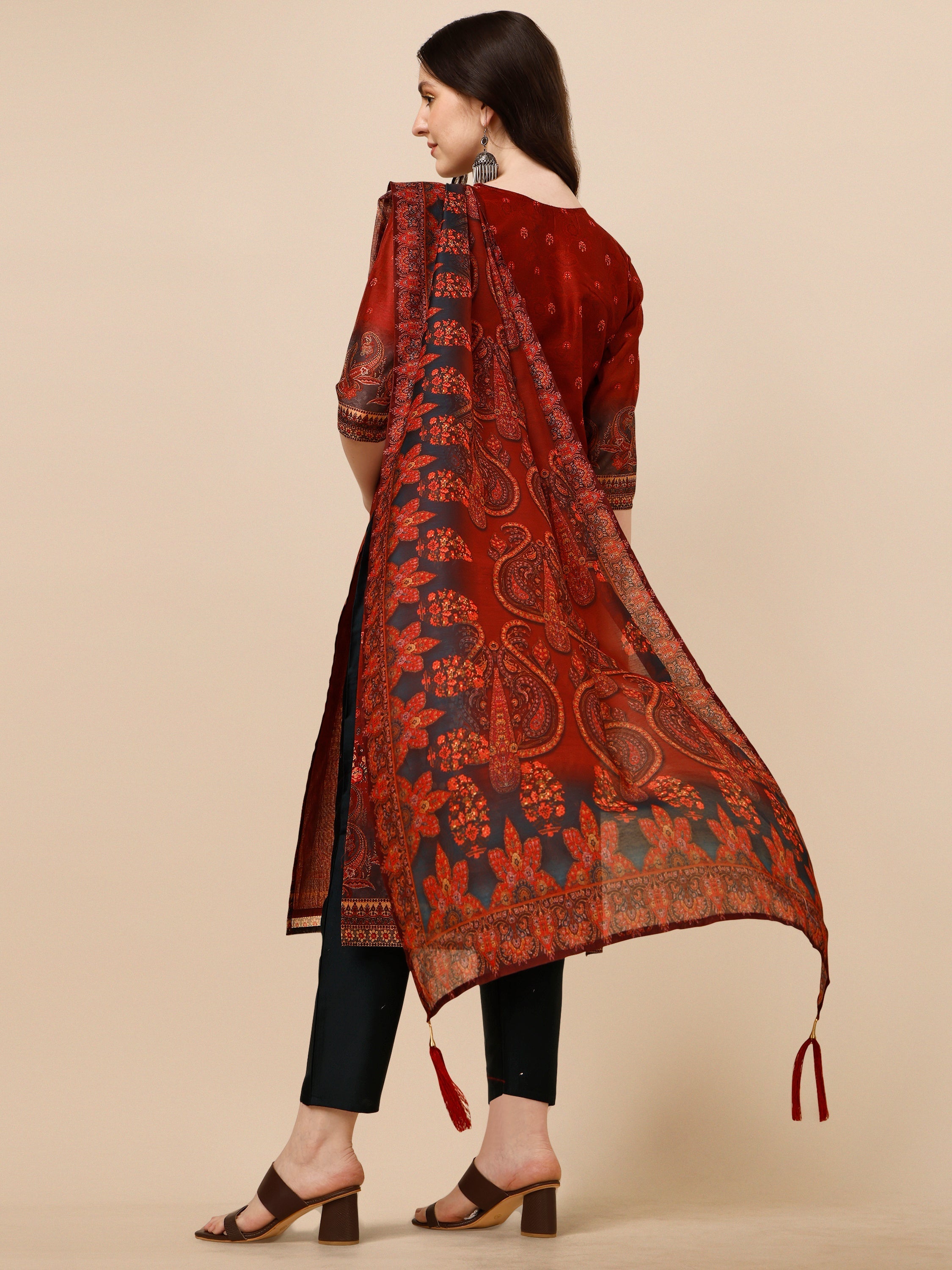 Printed And Embroidered Kurta With Pant And Dupatta Set, Multicolor - Hiral Fashion | Grocsy