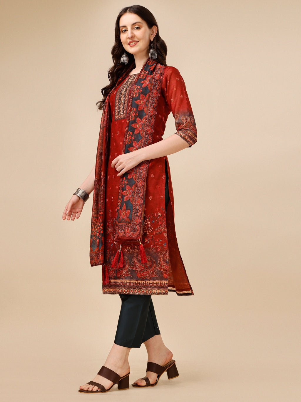 Printed And Embroidered Kurta With Pant And Dupatta Set, Multicolor - Hiral Fashion | Grocsy