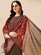 Printed And Embroidered Kurta With Pant & Dupatta Set, Multicolor - Hiral Fashion | Grocsy