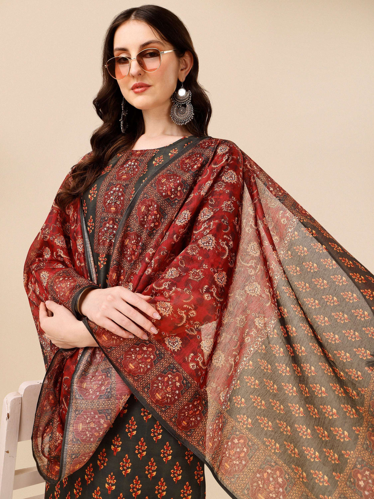 Printed And Embroidered Kurta With Pant & Dupatta Set, Multicolor - Hiral Fashion | Grocsy