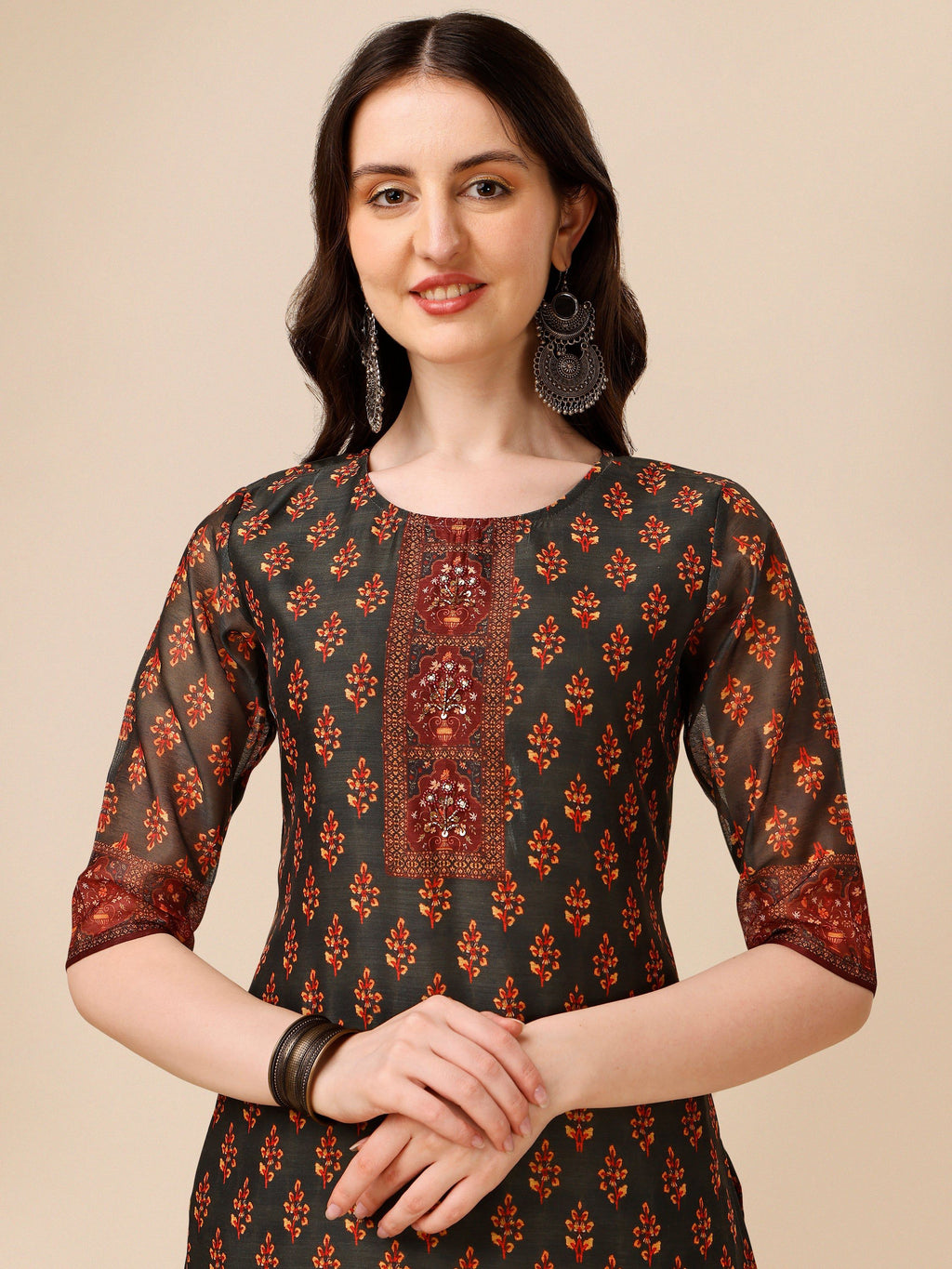 Printed And Embroidered Kurta With Pant & Dupatta Set, Multicolor - Hiral Fashion | Grocsy