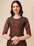 Printed And Embroidered Kurta With Pant & Dupatta Set, Multicolor - Hiral Fashion | Grocsy