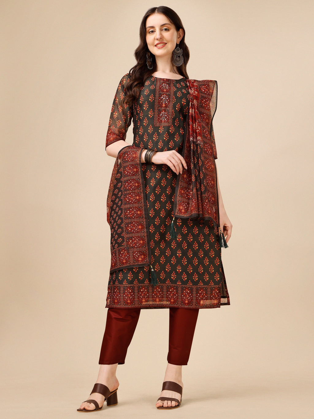 Printed And Embroidered Kurta With Pant & Dupatta Set, Multicolor - Hiral Fashion | Grocsy
