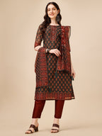 Printed And Embroidered Kurta With Pant & Dupatta Set, Multicolor - Hiral Fashion | Grocsy