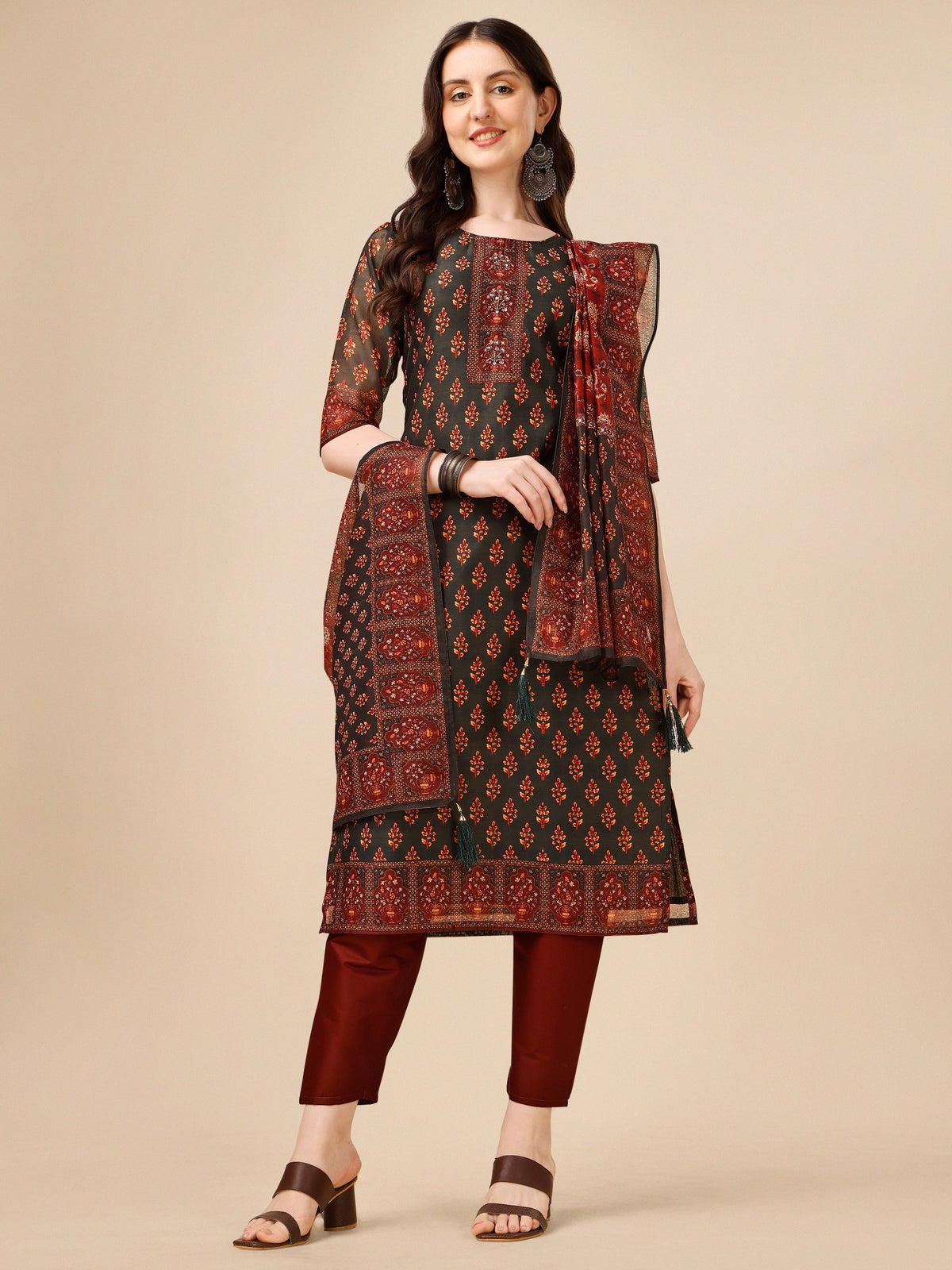 Printed And Embroidered Kurta With Pant & Dupatta Set, Multicolor - Hiral Fashion | Grocsy
