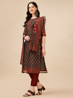 Printed And Embroidered Kurta With Pant & Dupatta Set, Multicolor - Hiral Fashion | Grocsy