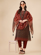 Printed And Embroidered Kurta With Pant & Dupatta Set, Multicolor - Hiral Fashion | Grocsy
