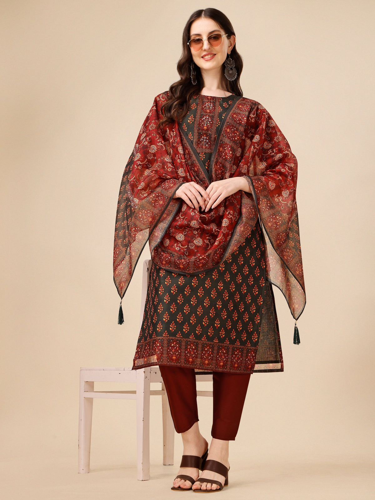 Printed And Embroidered Kurta With Pant & Dupatta Set, Multicolor - Hiral Fashion | Grocsy