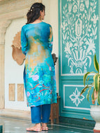 Hand Embroidered & Digital Printed Muslin Kurta With Pant & Printed Dupatta, Blue - Hiral Fashion | Grocsy