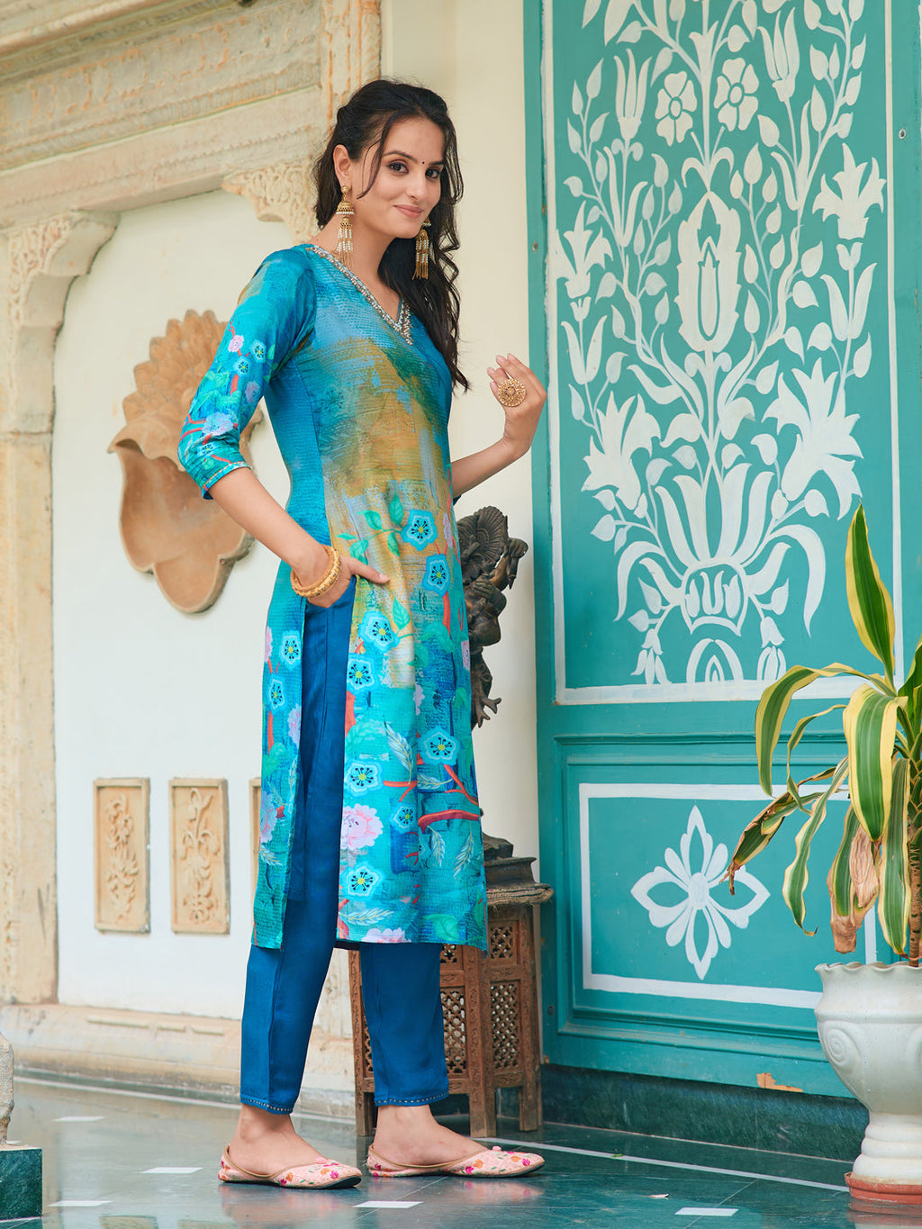 Hand Embroidered & Digital Printed Muslin Kurta With Pant & Printed Dupatta, Blue - Hiral Fashion | Grocsy