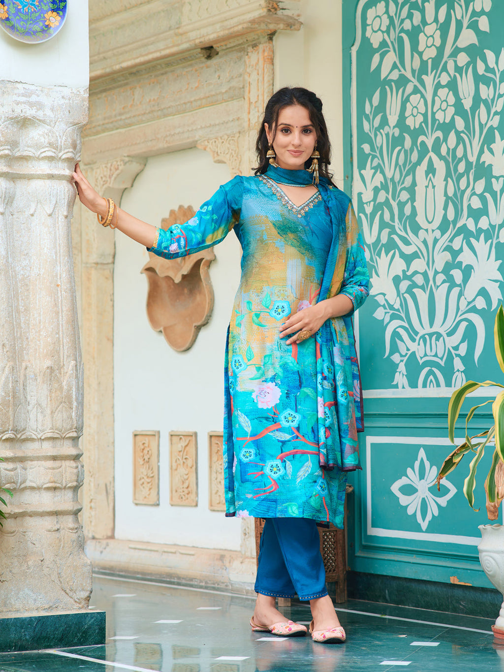 Hand Embroidered & Digital Printed Muslin Kurta With Pant & Printed Dupatta, Blue - Hiral Fashion | Grocsy