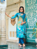 Hand Embroidered & Digital Printed Muslin Kurta With Pant & Printed Dupatta, Blue - Hiral Fashion | Grocsy