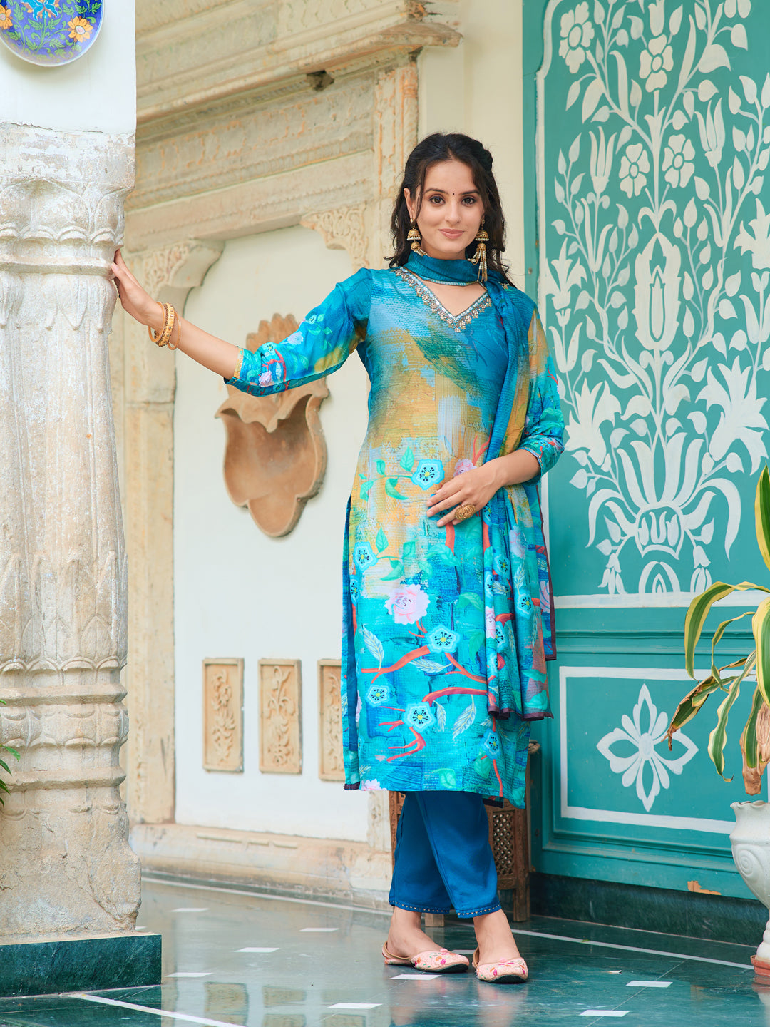 Hand Embroidered & Digital Printed Muslin Kurta With Pant & Printed Dupatta, Blue - Hiral Fashion | Grocsy