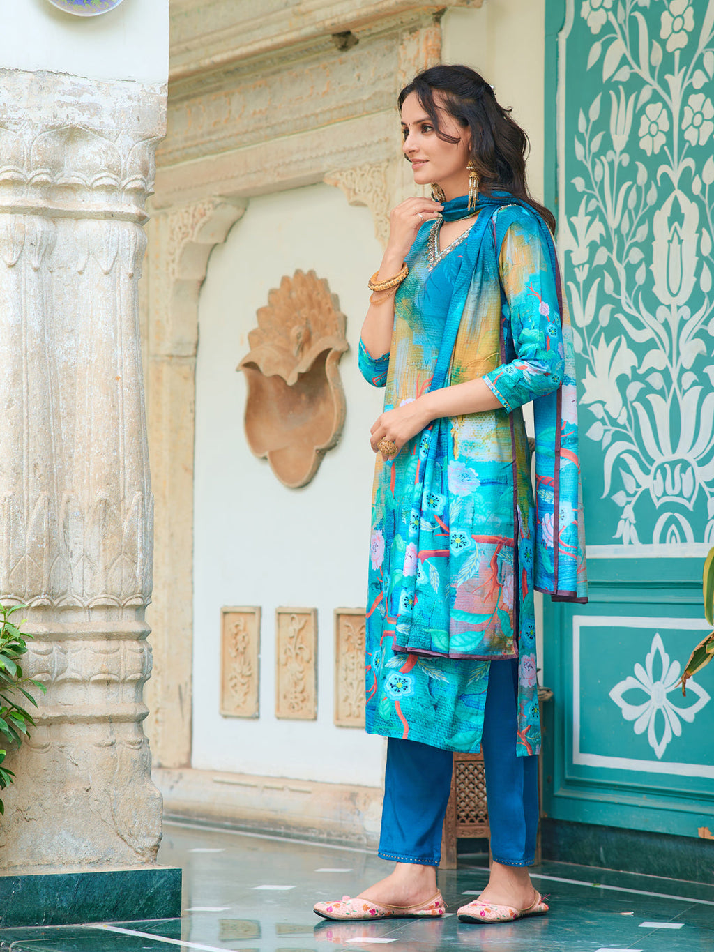 Hand Embroidered & Digital Printed Muslin Kurta With Pant & Printed Dupatta, Blue - Hiral Fashion | Grocsy