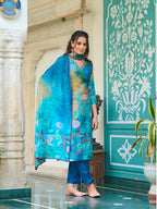 Hand Embroidered & Digital Printed Muslin Kurta With Pant & Printed Dupatta, Blue - Hiral Fashion | Grocsy