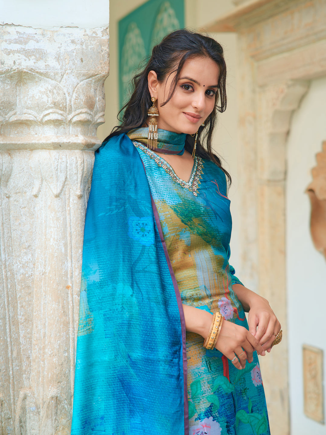 Hand Embroidered & Digital Printed Muslin Kurta With Pant & Printed Dupatta, Blue - Hiral Fashion | Grocsy