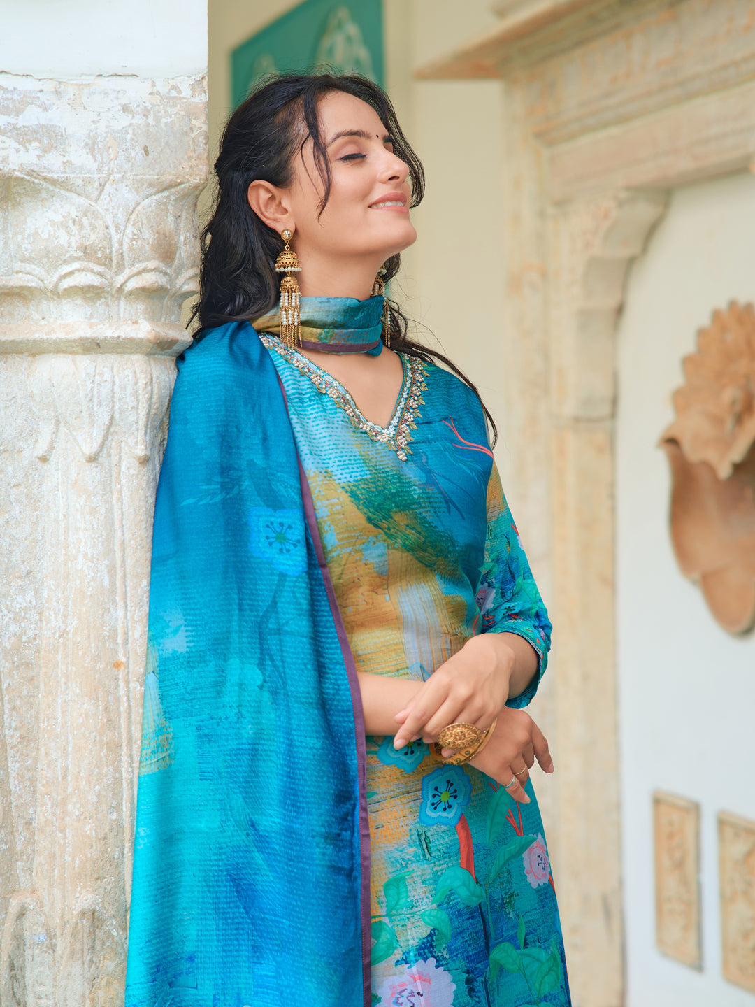 Hand Embroidered & Digital Printed Muslin Kurta With Pant & Printed Dupatta, Blue - Hiral Fashion | Grocsy