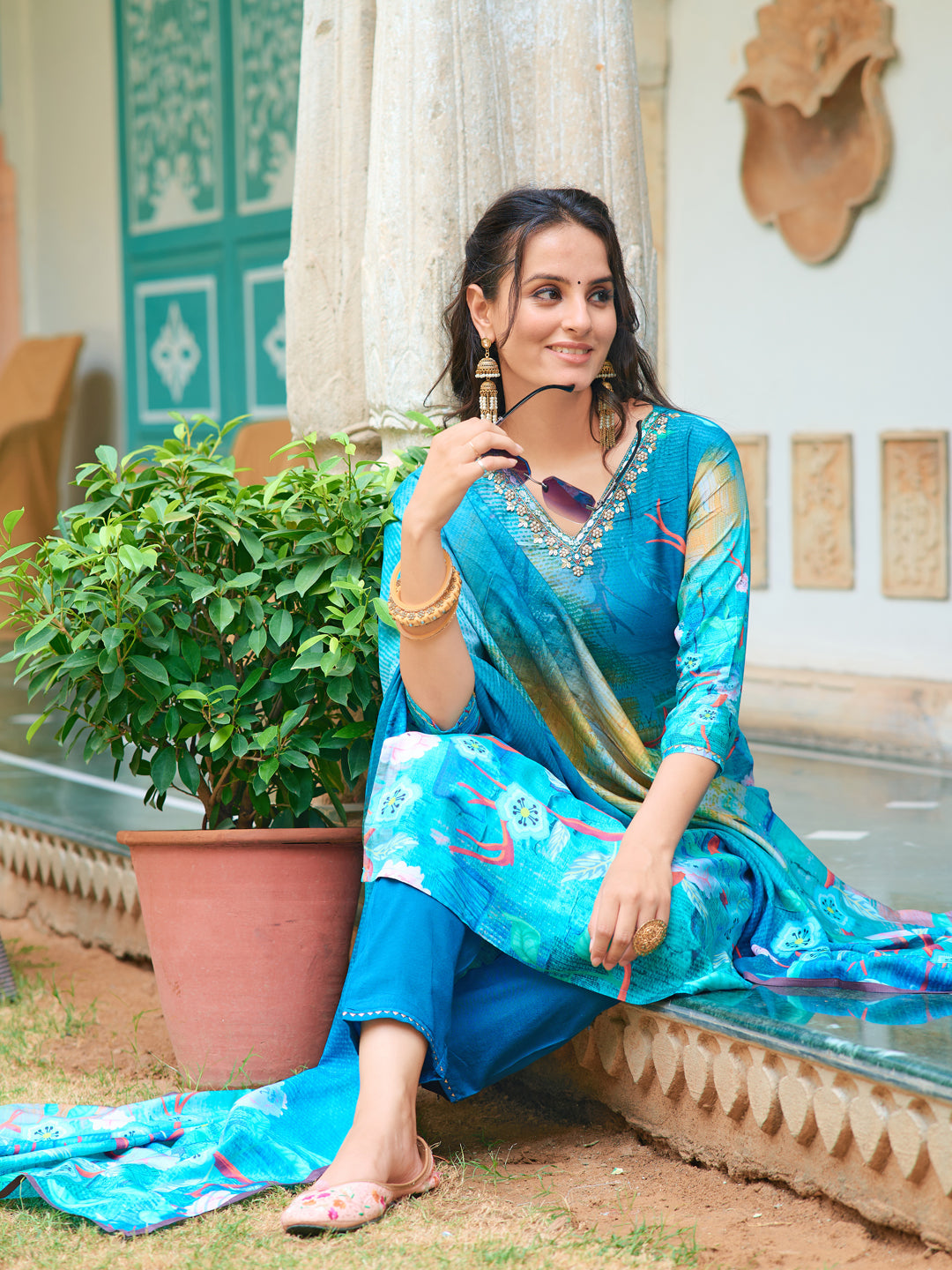 Hand Embroidered & Digital Printed Muslin Kurta With Pant & Printed Dupatta, Blue - Hiral Fashion | Grocsy