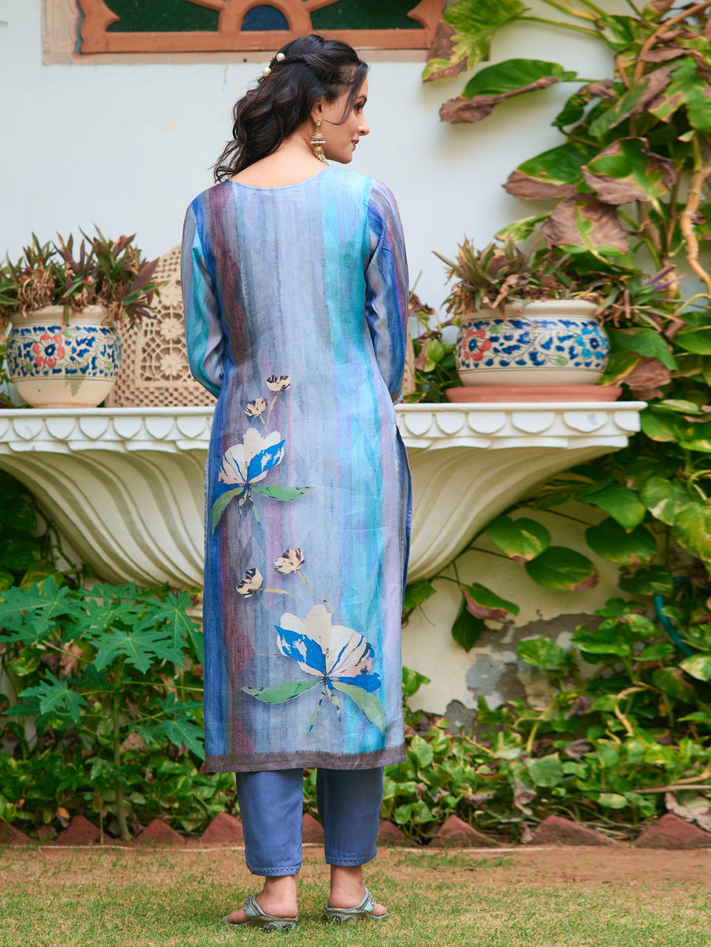 Hand Embroidered & Digital Printed Silk Kurta With Pant & Printed Dupatta, Blue - Hiral Fashion | Grocsy