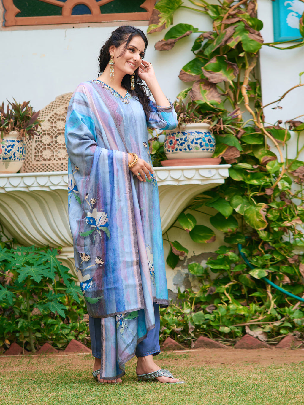Hand Embroidered & Digital Printed Silk Kurta With Pant & Printed Dupatta, Blue - Hiral Fashion | Grocsy
