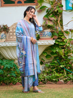Hand Embroidered & Digital Printed Silk Kurta With Pant & Printed Dupatta, Blue - Hiral Fashion | Grocsy