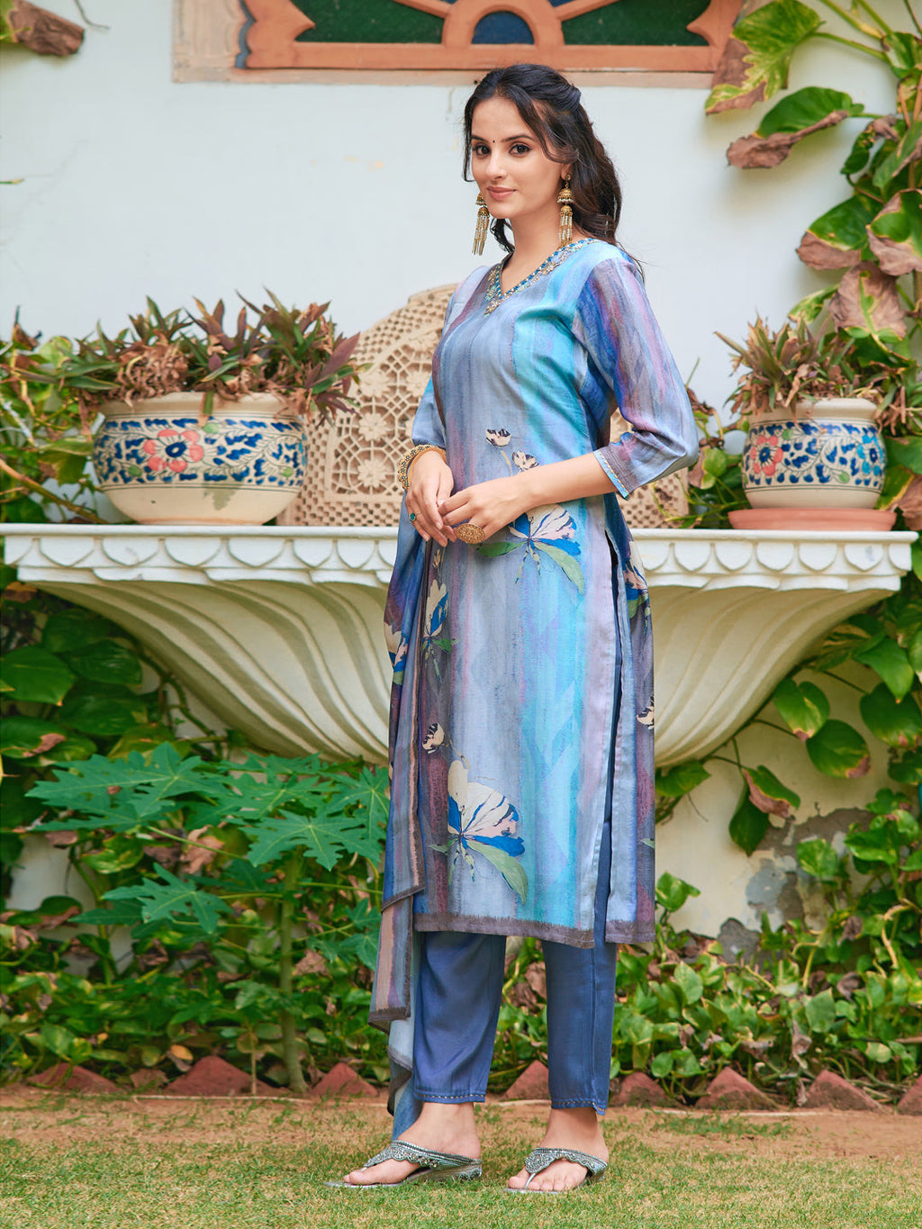 Hand Embroidered & Digital Printed Silk Kurta With Pant & Printed Dupatta, Blue - Hiral Fashion | Grocsy