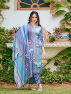 Hand Embroidered & Digital Printed Silk Kurta With Pant & Printed Dupatta, Blue - Hiral Fashion | Grocsy