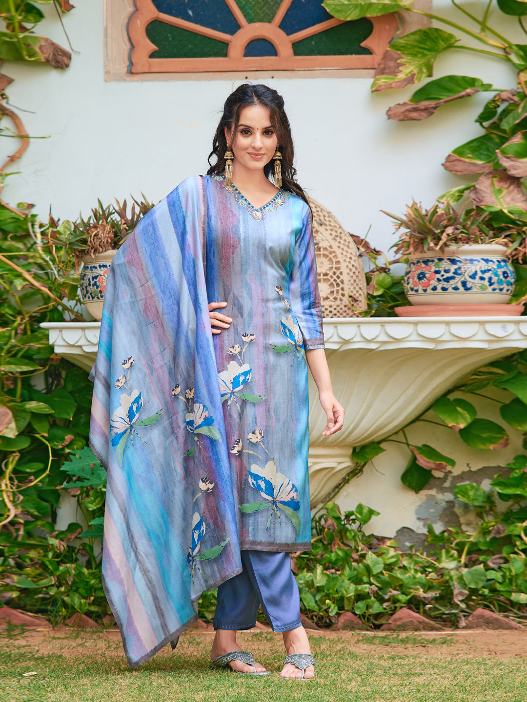 Hand Embroidered & Digital Printed Silk Kurta With Pant & Printed Dupatta, Blue - Hiral Fashion | Grocsy