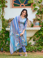 Hand Embroidered & Digital Printed Silk Kurta With Pant & Printed Dupatta, Blue - Hiral Fashion | Grocsy