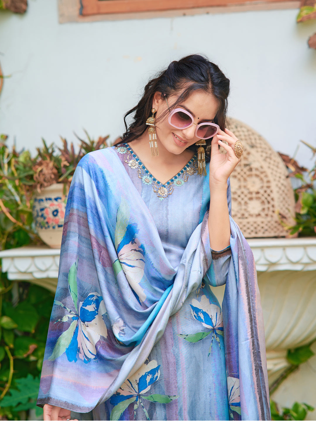 Hand Embroidered & Digital Printed Silk Kurta With Pant & Printed Dupatta, Blue - Hiral Fashion | Grocsy