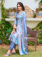 Hand Embroidered & Digital Printed Silk Kurta With Pant & Printed Dupatta, Blue - Hiral Fashion | Grocsy