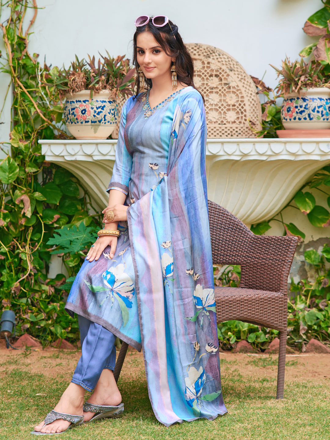 Hand Embroidered & Digital Printed Silk Kurta With Pant & Printed Dupatta, Blue - Hiral Fashion | Grocsy