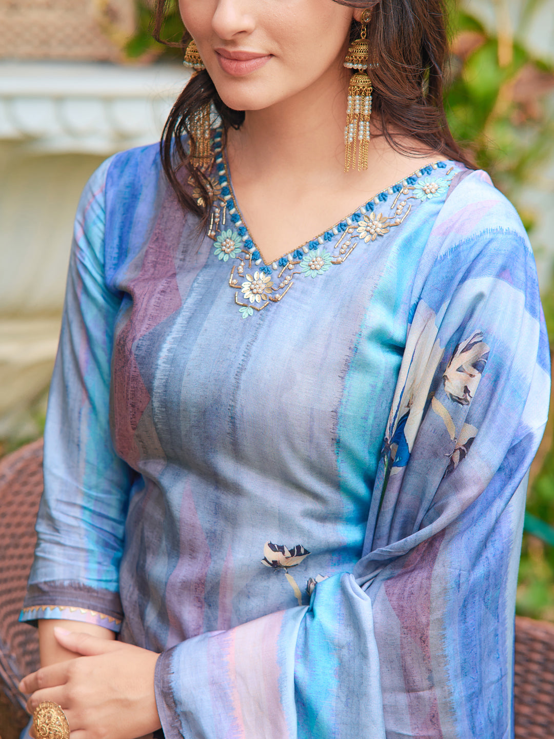 Hand Embroidered & Digital Printed Silk Kurta With Pant & Printed Dupatta, Blue - Hiral Fashion | Grocsy