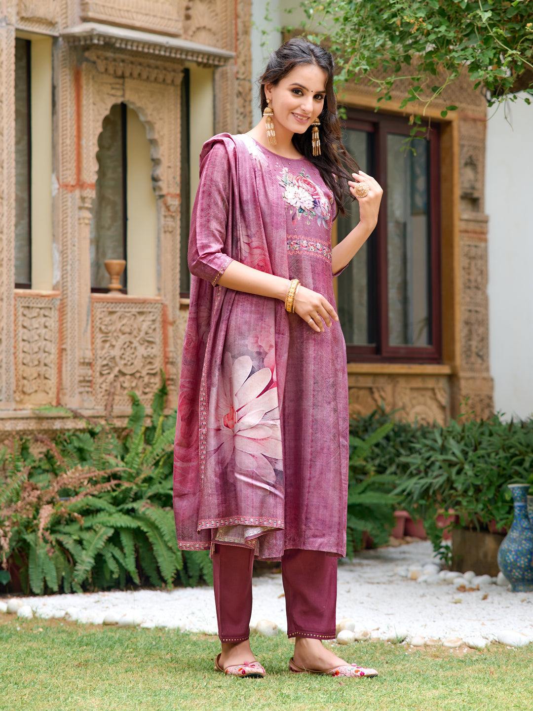 Hand Embroidered & Digital Printed Muslin Kurta With Pant & Printed Dupatta, Lavender - Hiral Fashion | Grocsy