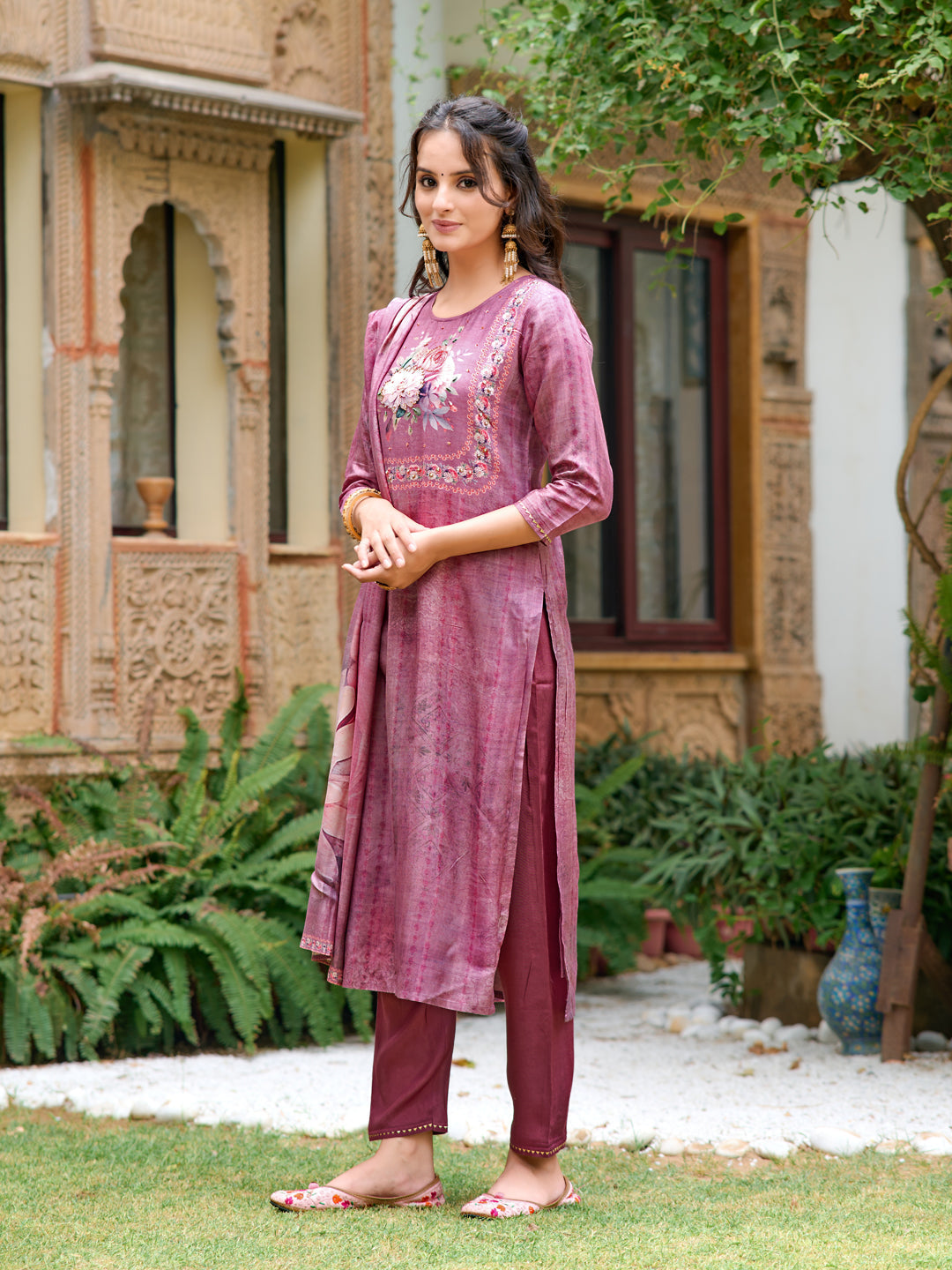 Hand Embroidered & Digital Printed Muslin Kurta With Pant & Printed Dupatta, Lavender - Hiral Fashion | Grocsy
