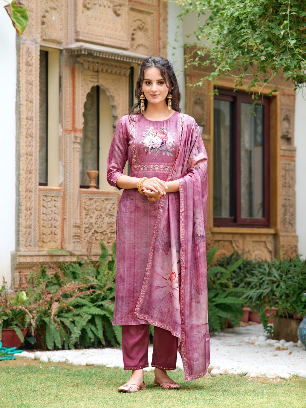 Hand Embroidered & Digital Printed Muslin Kurta With Pant & Printed Dupatta, Lavender - Hiral Fashion | Grocsy