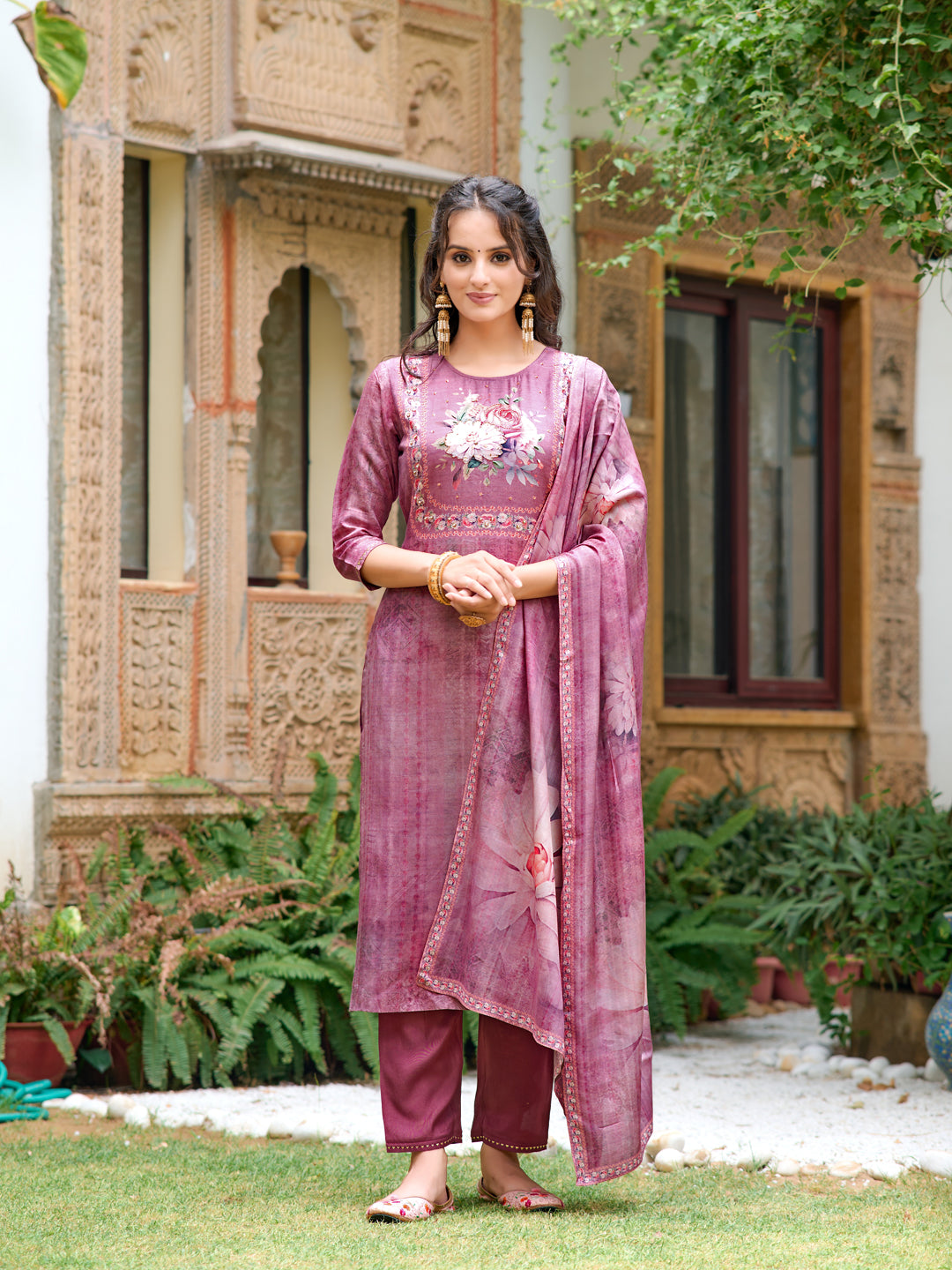 Hand Embroidered & Digital Printed Muslin Kurta With Pant & Printed Dupatta, Lavender - Hiral Fashion | Grocsy