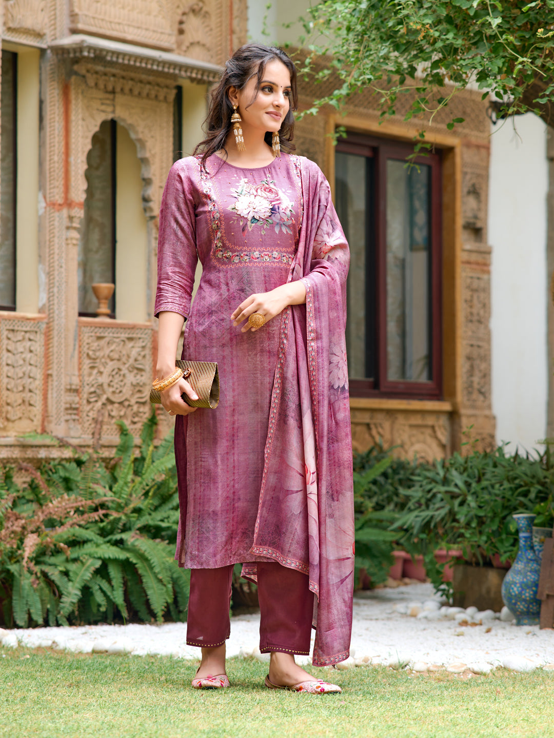 Hand Embroidered & Digital Printed Muslin Kurta With Pant & Printed Dupatta, Lavender - Hiral Fashion | Grocsy