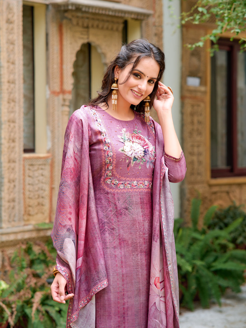 Hand Embroidered & Digital Printed Muslin Kurta With Pant & Printed Dupatta, Lavender - Hiral Fashion | Grocsy