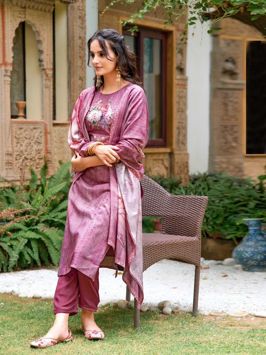 Hand Embroidered & Digital Printed Muslin Kurta With Pant & Printed Dupatta, Lavender - Hiral Fashion | Grocsy