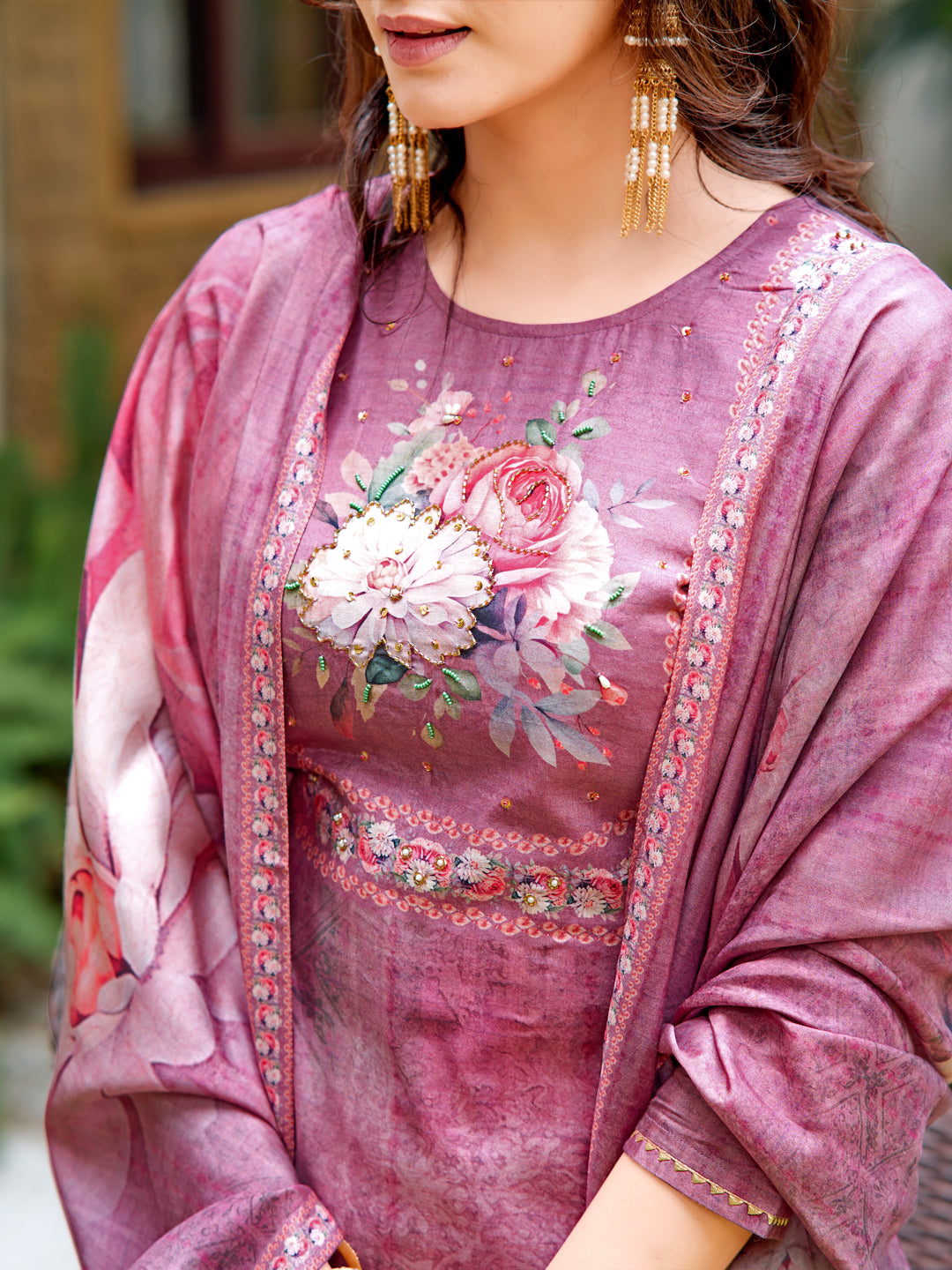 Hand Embroidered & Digital Printed Muslin Kurta With Pant & Printed Dupatta, Lavender - Hiral Fashion | Grocsy