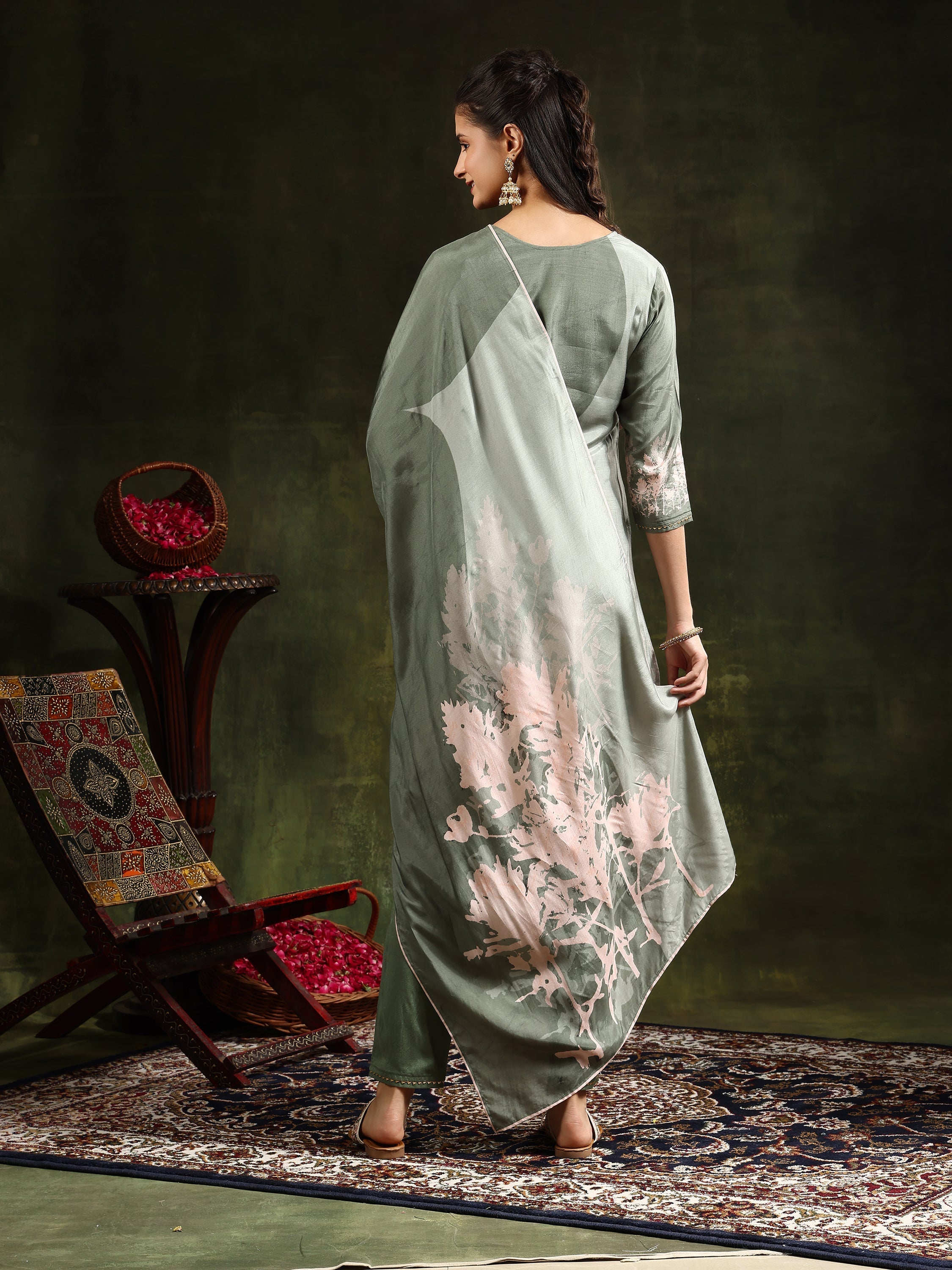 Hand Embroidered & Digital Printed Muslin Kurta With Pant & Printed Dupatta, Green - Hiral Fashion | Grocsy